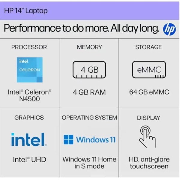 HP 14 inch Laptop, HD Touchscreen Display, Intel Celeron N4500, 4 GB RAM, 64 GB eMMC, Intel UHD Graphics, Windows 11 Home in S Mode, Black, 14DQ3210NR