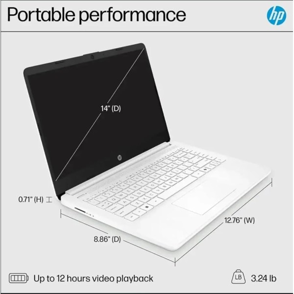 HP 14 inch Laptop, HD Touchscreen Display, Intel Celeron N4500, 4 GB RAM, 64 GB eMMC, Intel UHD Graphics, Windows 11 Home in S Mode, White, 14DQ3220NR