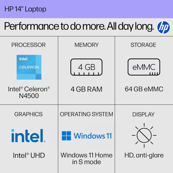 HP 14 inch Laptop, HD Touchscreen Display, Intel Celeron N4500, 4 GB RAM, 64 GB eMMC, Intel UHD Graphics, Windows 11 Home in S Mode, - Pale Gold, Natural Silver ,14DQ3230NR